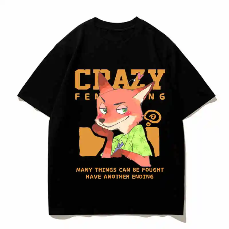 Crazy Zootopia T-Shirt Judy Nick Fox Couple Outfit Adult Cotton Loose Comfortable Mens And Womens Clothes Tops