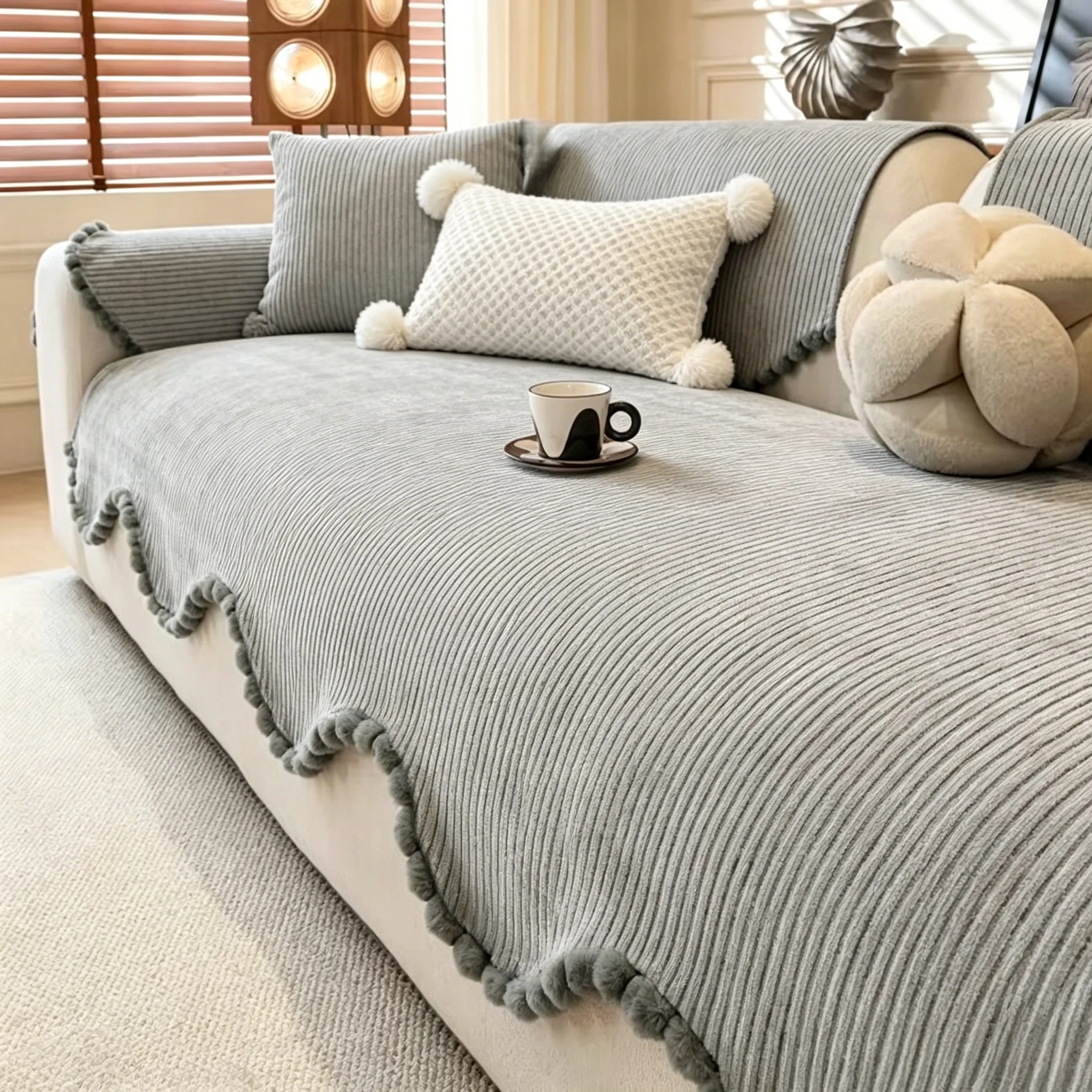 Solid Stripe Chenille with Pom Trim Sofa Cover Machine Washable Anti-Slip Sofa Cover