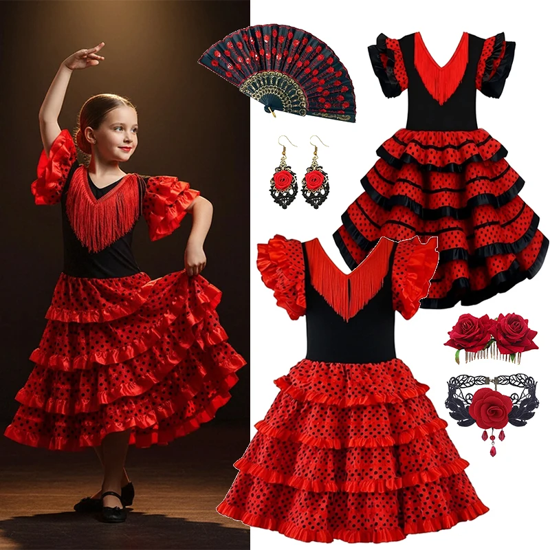 Spanisches Flamenco-Tanzkleid für Mädchen, langes Cosplay-Kleid, Kinder-Karneval-Ballsaal-Bühnenoutfit für Festival-Themenpartys