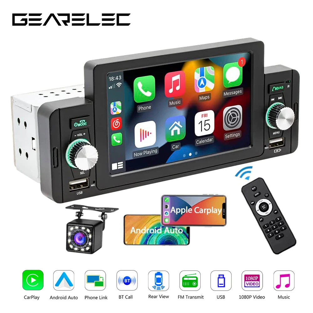 Gearelec 5 inch Car Radio 1 Din CarPlay Android Auto Multimedia For Volkswagen Nissan Toyo Bluetooth MirrorLink FM Receiver