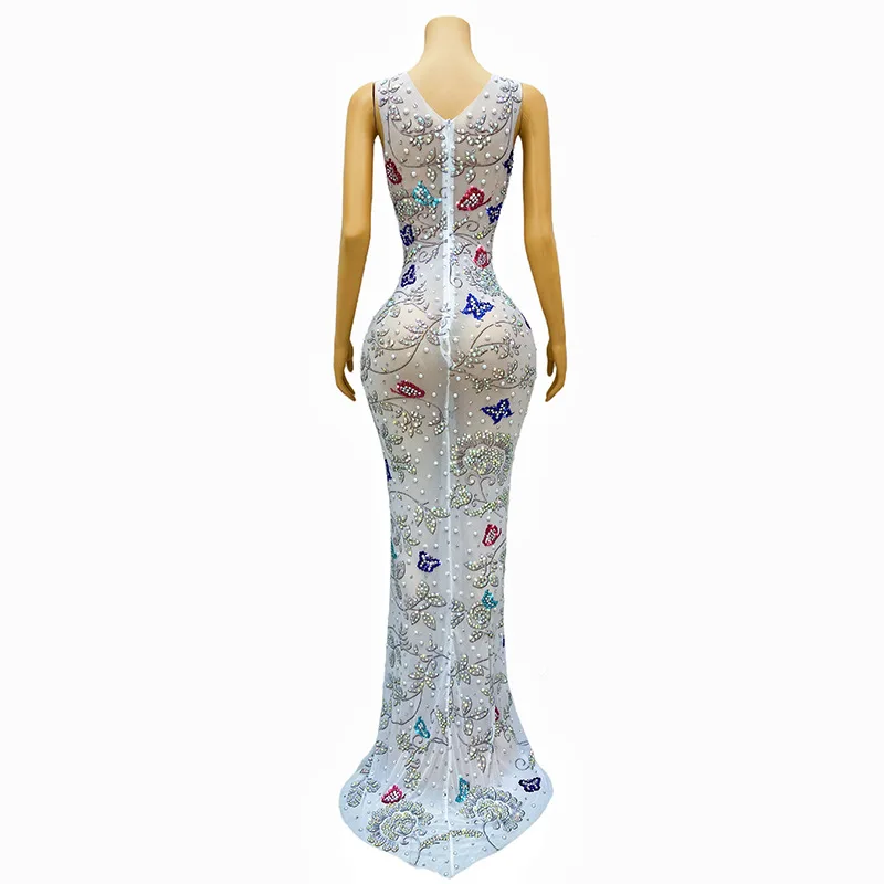 Costume Diamante bianco con spacco alto Farfalla Ricamo Atmosfera elegante Bar da sera Discoteca Danza Abito da ospite di nozze Donna