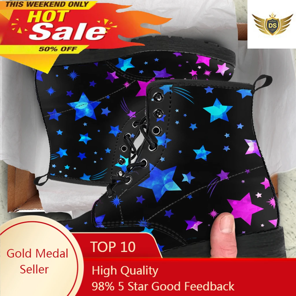 

Star Pattern Casual Female Ankle Boots Drop Ship PU Leather All-match Lace-up Short Boots Women's Vulcanized Rubber Sole Shoes