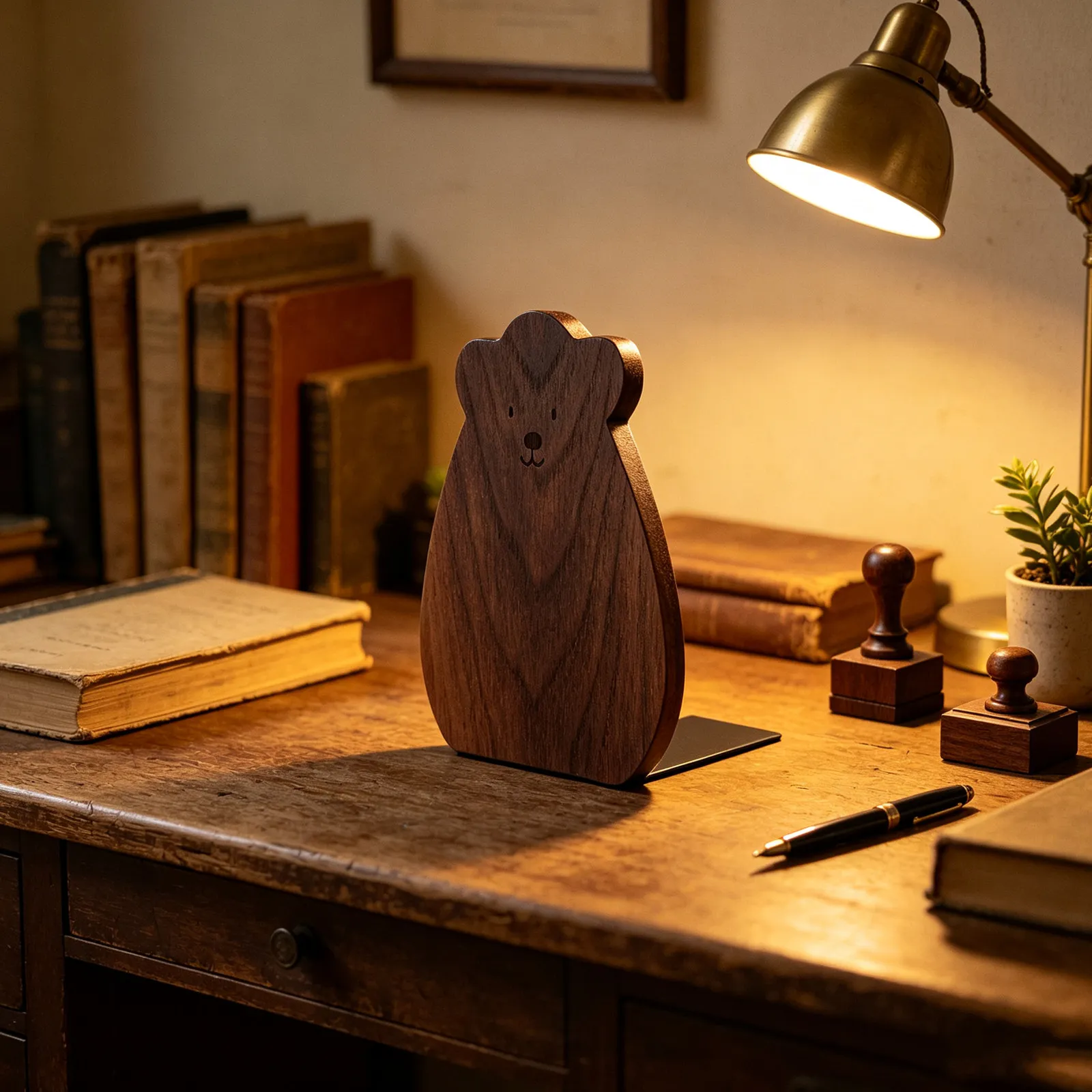 2Pcs Natural Wood Bookends Minimalist L Shaped Desk Organizer Bear-Shaped Book Support for Office Dorm Textbooks Novels