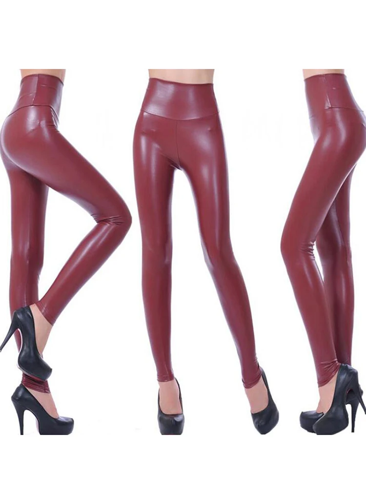 CHSDCSI Faux Leather wysokiej talii Sexy Legging kobiety czarne ołówkowe spodnie Slim spodnie Skinny fit