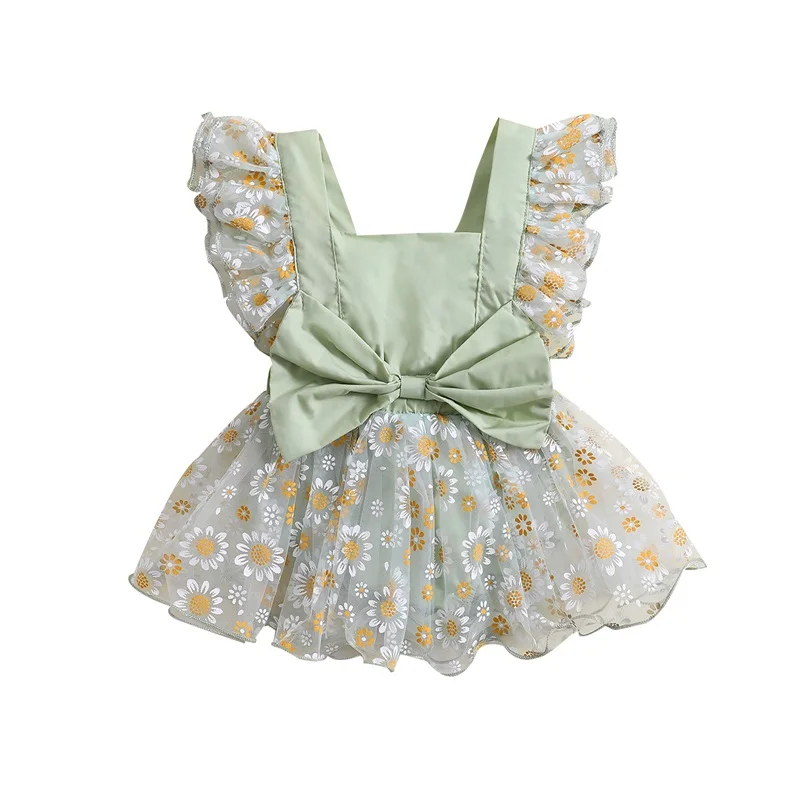 

0-24M Baby Girl Princess Romper Dress Newborn Infant Flower Print Bowknot Tulle Patchwork Sleeveless Jumpsuit Playsuits