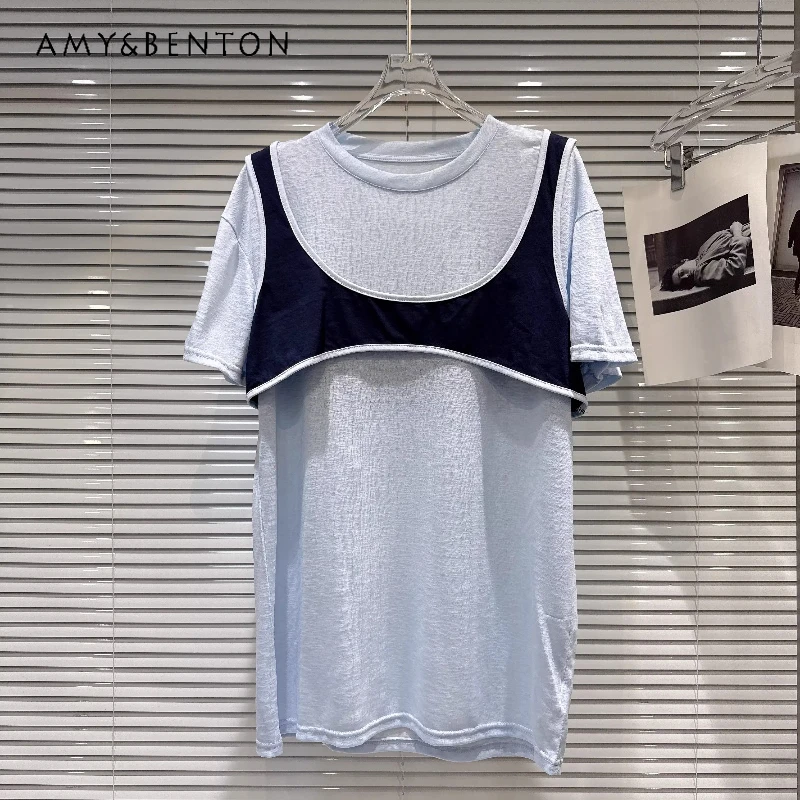 

2026 New Women's T-shirt Two-piece Set Fashionable Hot Girl Splicing Vest Design Loose Thin Versatile Short-sleeved Top Ladies