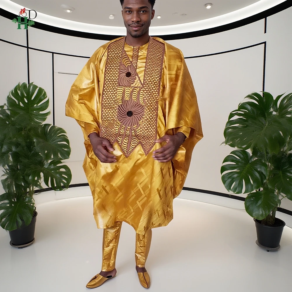

Африканская одежда, мужская родная одежда, официальная традиционная вышивка Bazin Riche Dashiki, желтая рубашка, брюки, 3 предмета, костюм Bubu, 2025