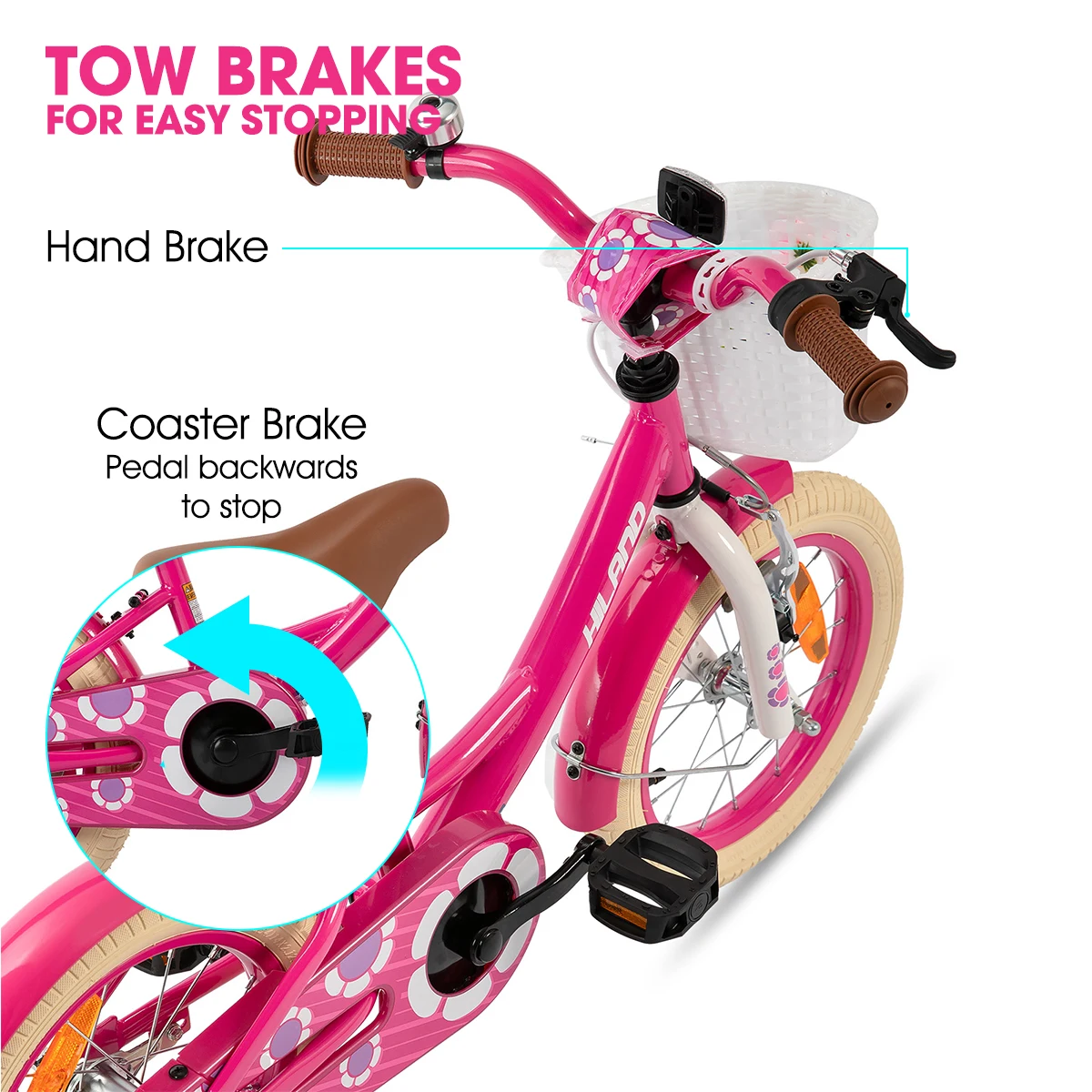 Bicicleta HILAND para meninas para crianças e crianças de 2 a 7 anos, bicicleta infantil de 12 14 16 polegadas para meninas com cesta de rodas de treinamento, rosa