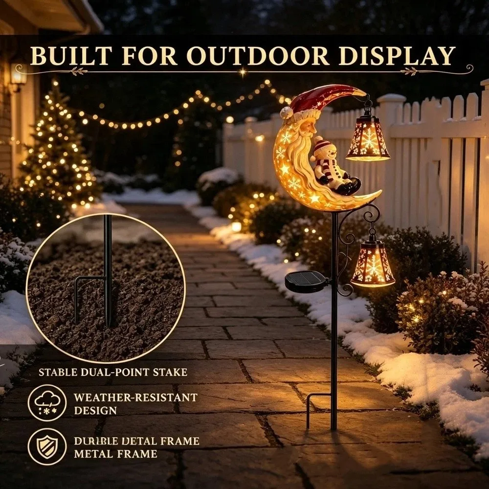 LED Glowing Christmas Moon Solar Stake Light Waterproof Hollow Lantern Xmas Garden Stake Lamp with Bell Solar Powered