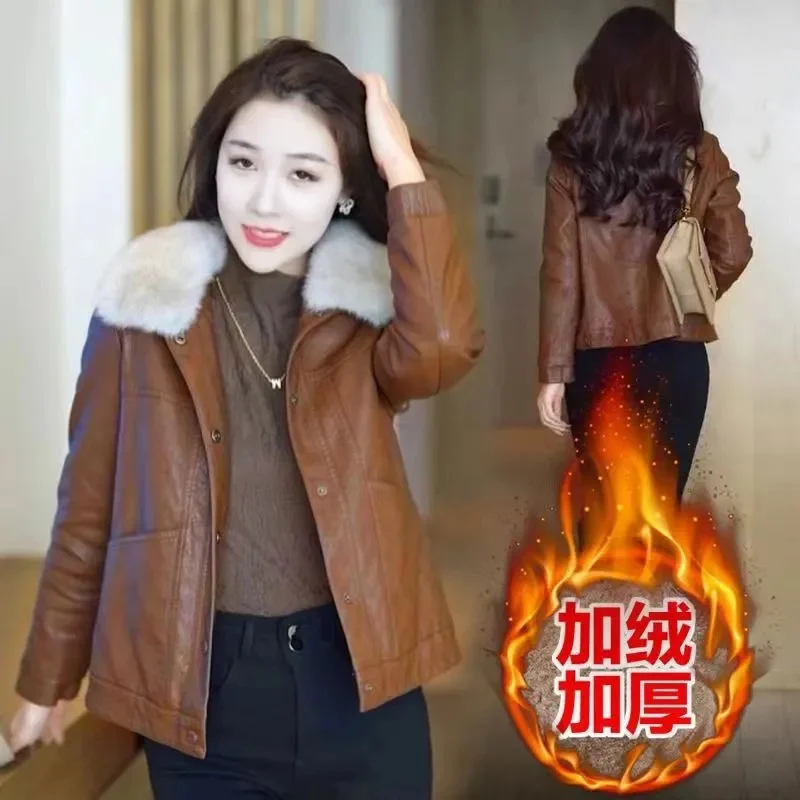 

2025 Female Fashion Faux Leather Coat Autumn Winter Lady Thickened Leather Jacket Korean Women Large Size 5XL PU Leather Outwear
