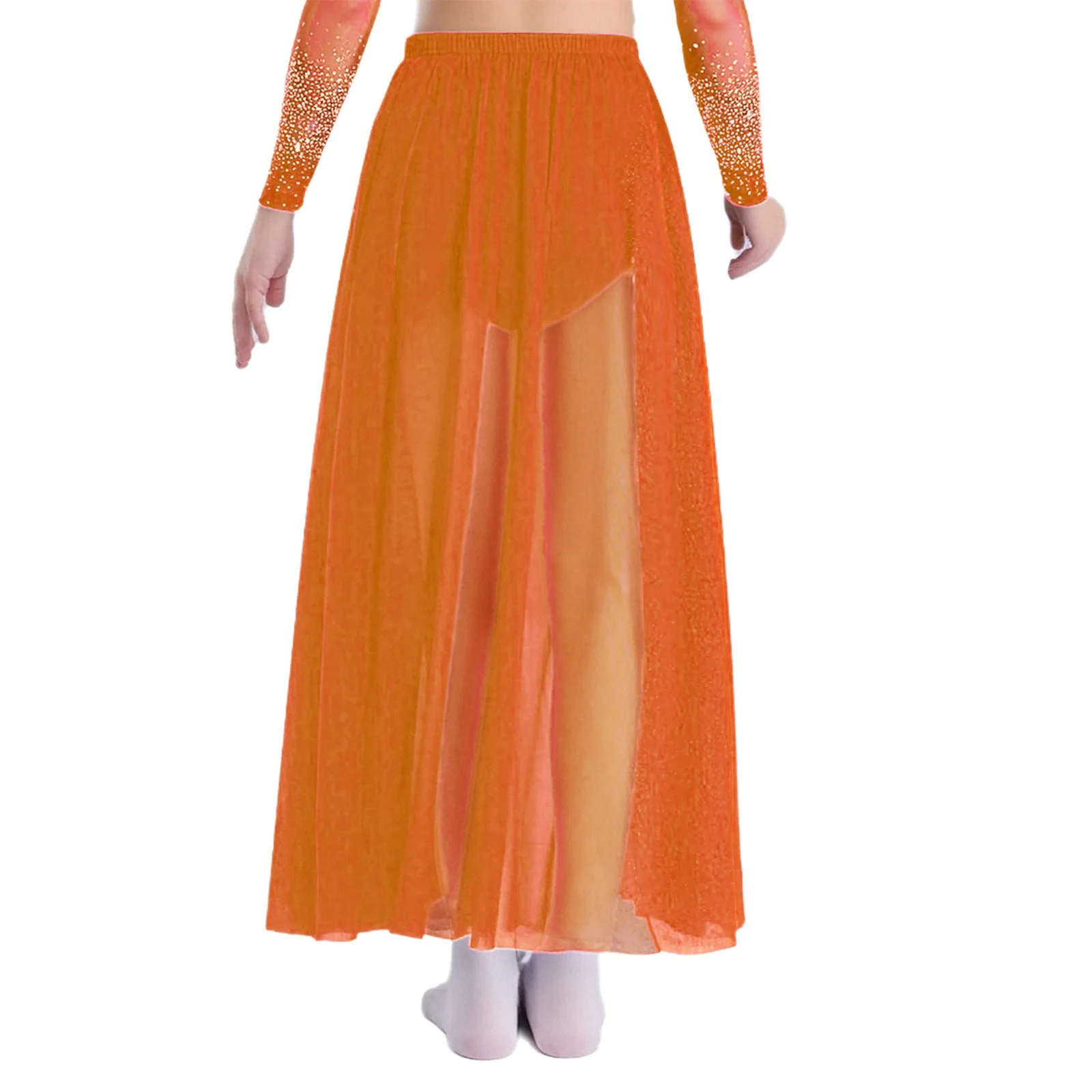 Lyrischer moderner Tanzrock für Kinder, Mädchen, glänzende Strasssteine, vorne offen, fließender, durchsichtiger Netzrock mit integrierten Slips, Ballettkleider