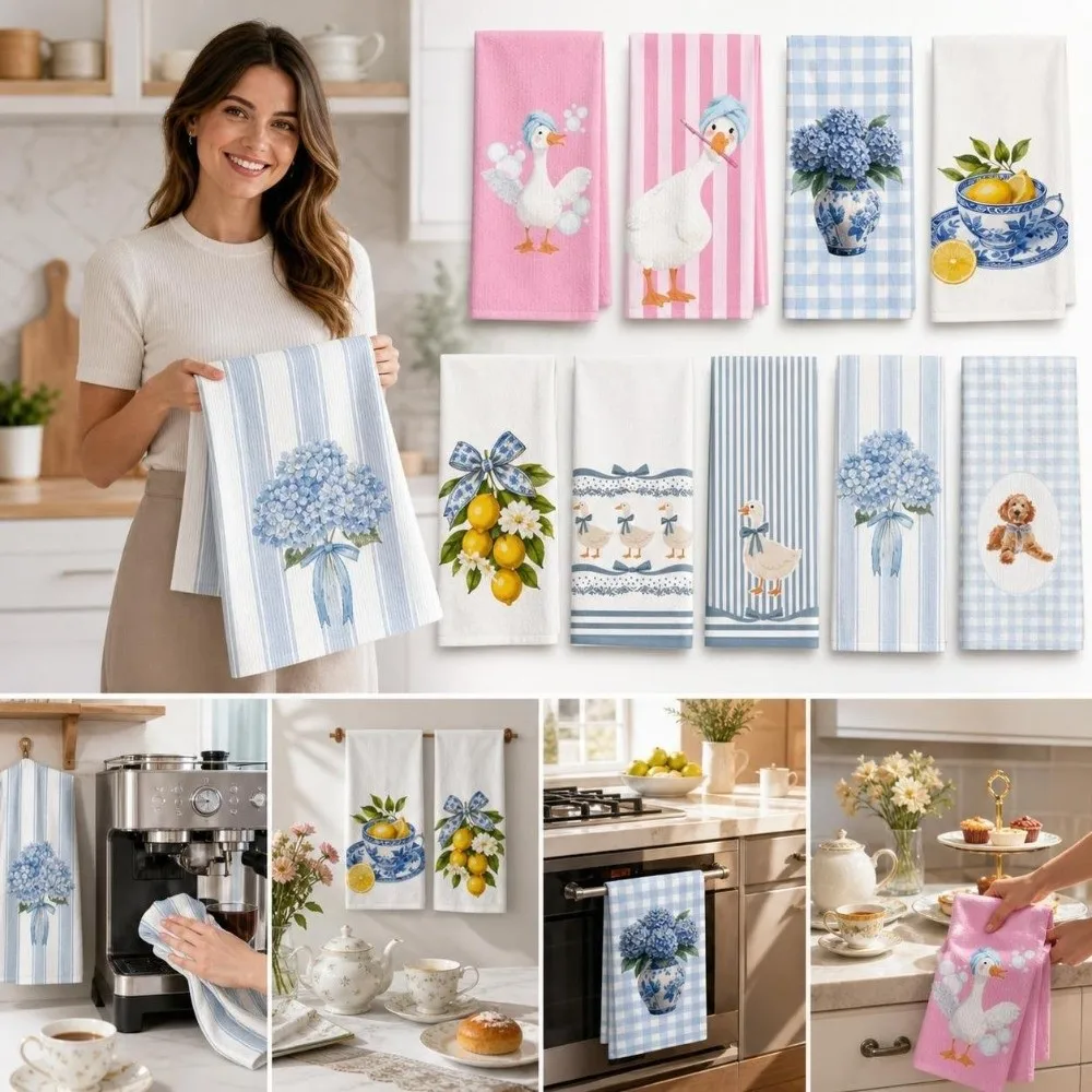 2pcs 16X24 Inches Decorative Hand Towels Absorbent Quick Dry Coffee Bar Cleaning Cloth‌ Striped Printed Lemon Vase Dish Towels