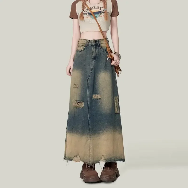 

Vintage Ripped Denim Skirt for Women Spring Autumn Slim High Waist A-line Long Skirt Y2k Street Style Clothing Plus Size