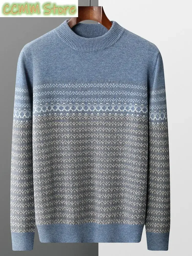 New Men Mock-neck Cashmere Sweater Autumn Winter Thick Pullover 100% Merino Wool Knitwear Jacquard  Knitting Warm Casual Tops