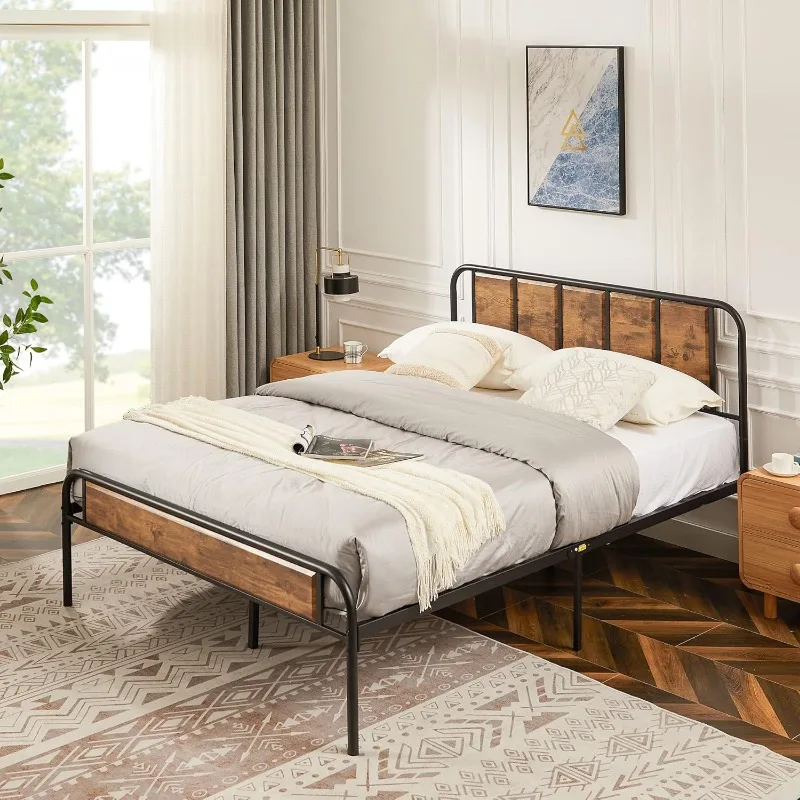 Bed Frame Metal Platform with Wood Headboard & Footboard, Heavy Duty Steel Slats Support/Easy Assemble image 4