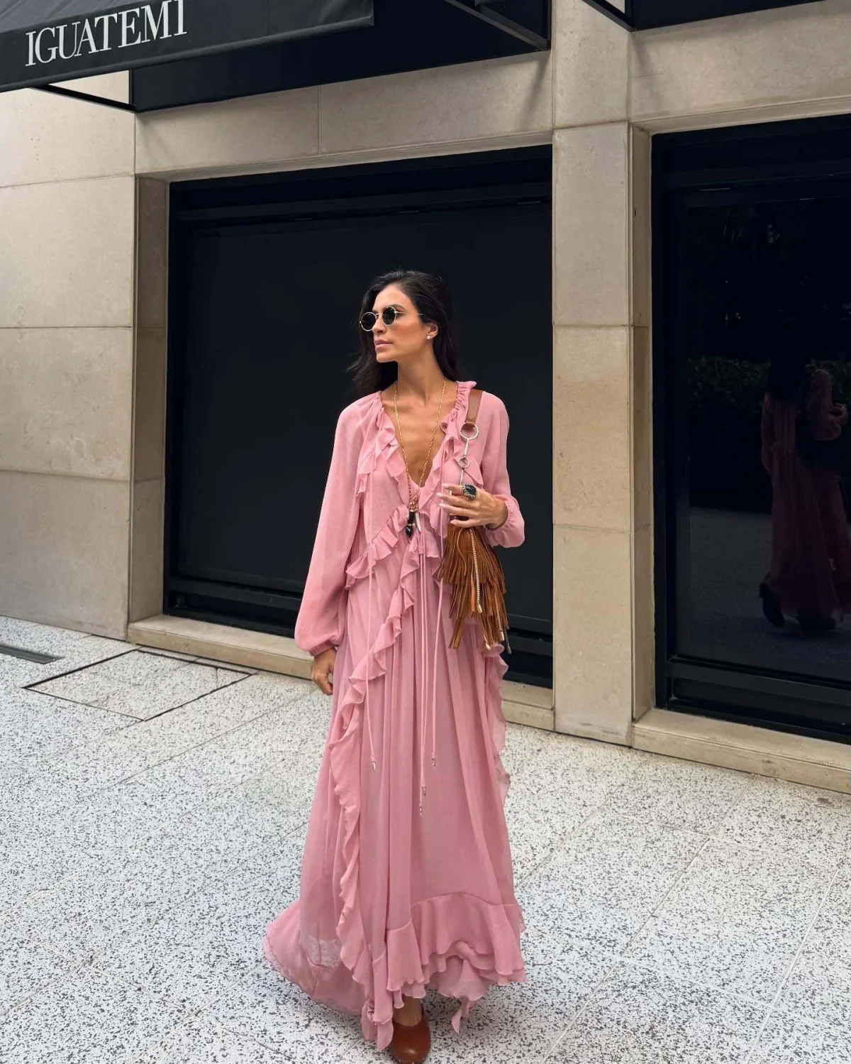 Estilo europeu e americano 2025 início do outono novo vestido de chiffon de manga comprida com babados em camadas