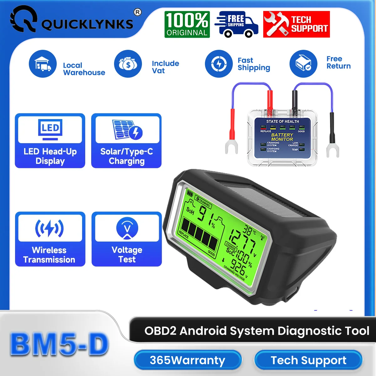 QUICKLYNKS BM5-D LED Monitor Head Up Display For 12V Health Battery Charging Tester BUILT-IN SHOCK SENSOR Diagnostic Analyzer