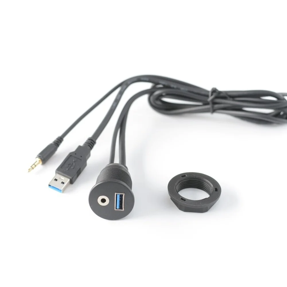 USB 3.0 and AUX 3.5mm Automotive Panel Mount Cable 150cm Length for Flush Dash Installation Black ABS Material