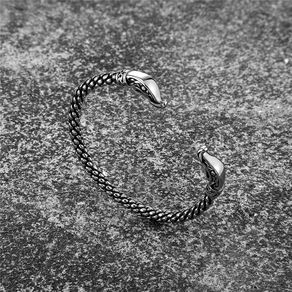 Punk Stainless Steel Viking Dragon Open Bracelets Men Gun Black Norse Runes Cuff Bangles Scandinavian Jewelry Vintage Male Gifts