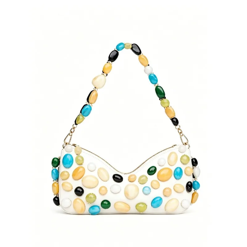 New Colorful Stone Decorative Women's Underarm Bag Fashionable High Quality Beaded Chain Shoulder Bag French Women's Handbag