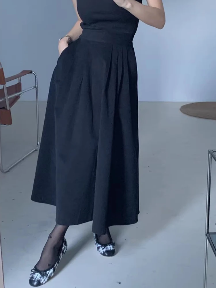 Chique A-lijn rok met hoge taille Vintage geplooid ontwerp Lange midi-rok Dames Faionable Veelzijdige afslankende f-lengte rok