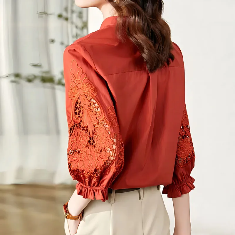 Elegant Fashion Hollow Out Embroidery Spliced Shirt Women\'s Clothing Spring Loose All-match Solid Color Button Blouse for Female