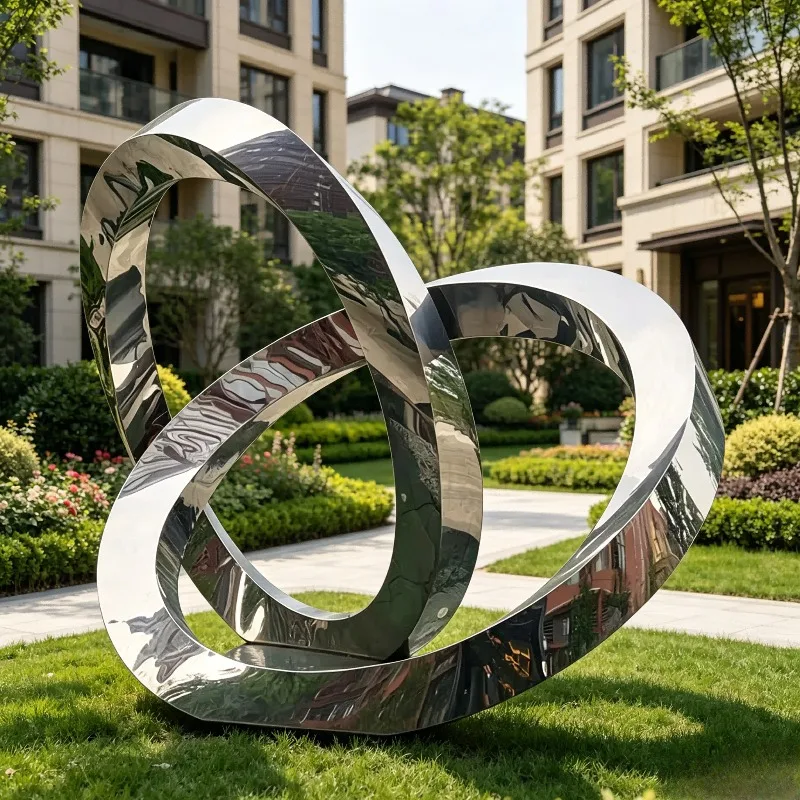 Mirror Polished Intertwined Double Ring Stainless Steel Abstract Sculpture Custom Hotel And Outdoor Garden Waterside Landscape