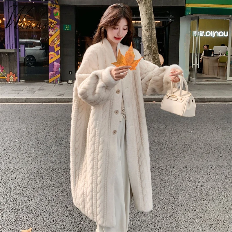 

Korean Fashion Long Faux Fur Coats Women Fall Winter Warm V-Neck Rabbit Plush Chaquetaes 2024 New Loose Elegant Thick Outerwear