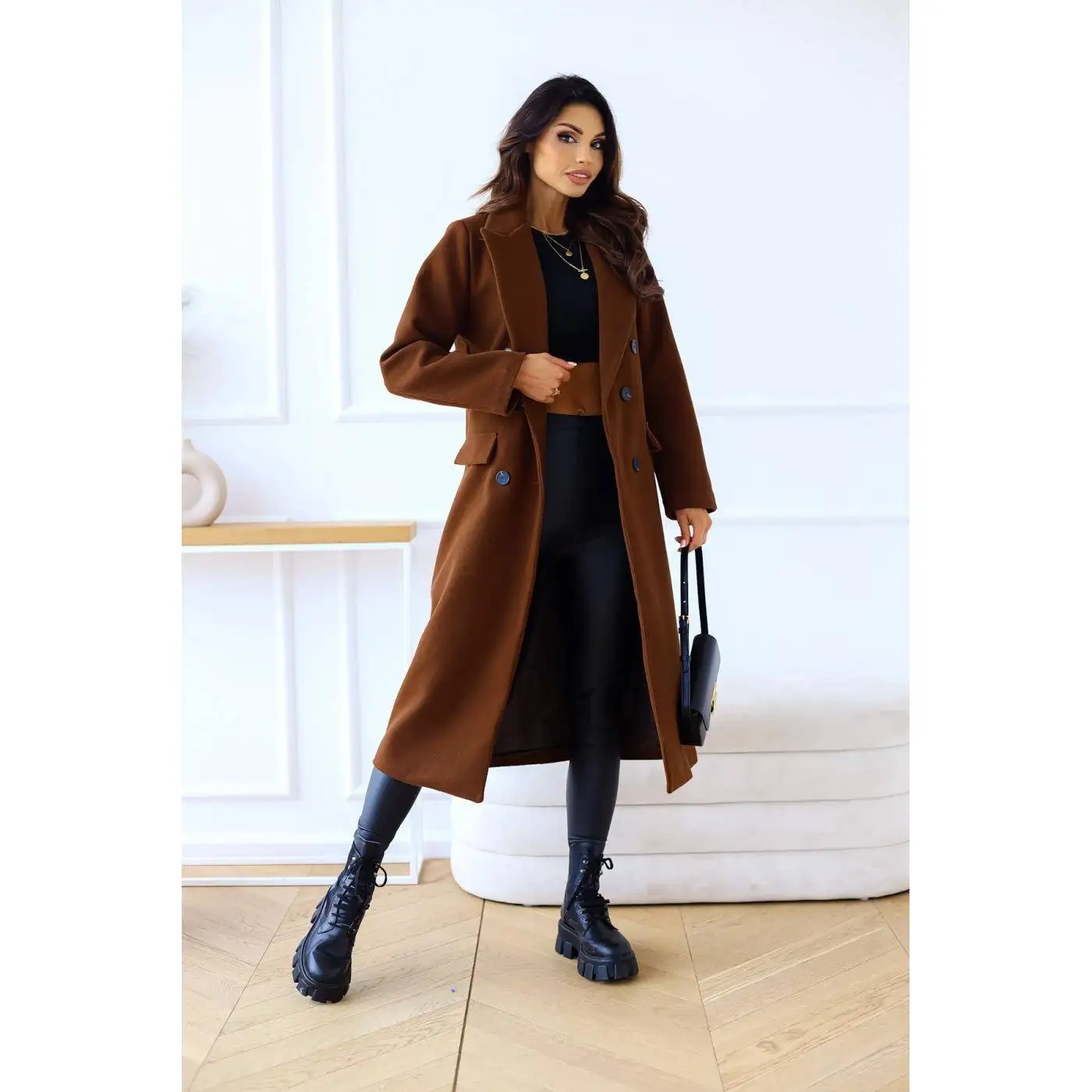 

Women's Long Sve Notch Lapel Woolen Coat Double Breasted Simple Sle Autumn Winter Outerwear Faionable Casual Coat