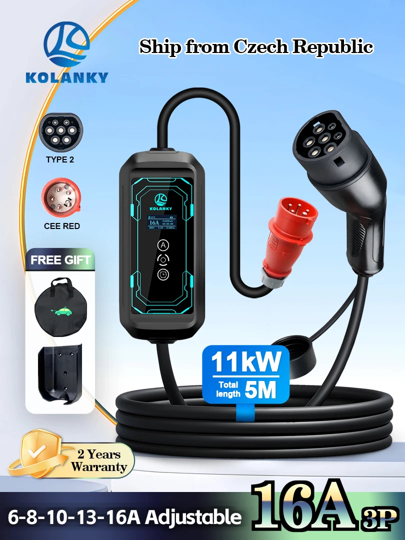 Kolanky Tragbares EV-Ladegerät, 16 A, 11 kW, Typ 2, Elektrofahrzeug, PHEV-Hybrid-Autos, Timer, Strom einstellen, Aufladen zu Hause, insgesamt 5 m