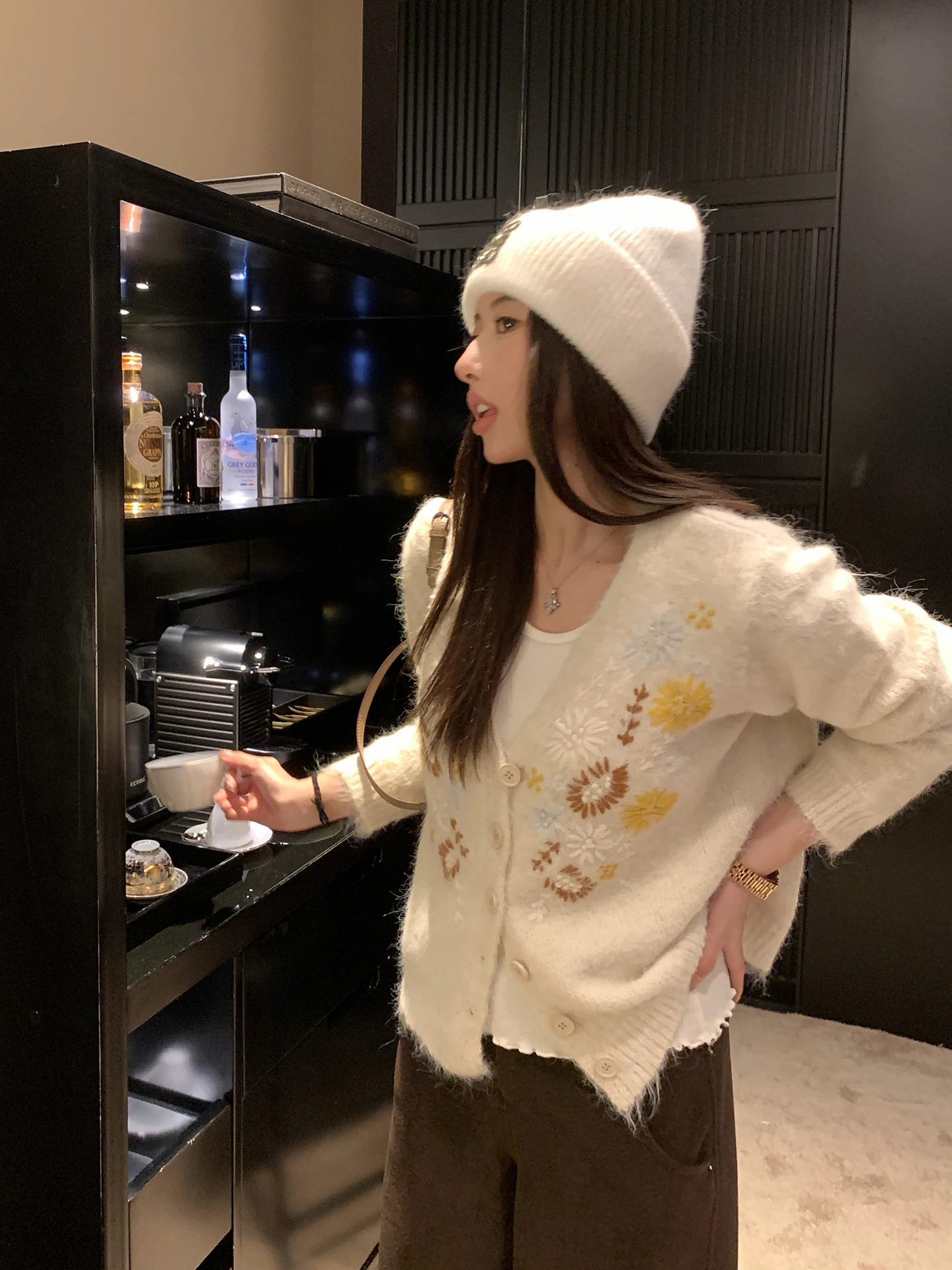 

EKOOL Утепленный шерстяной кардиган с V-образным вырезом, женский свободный вязаный топ ручной работы, крупной вязки, для зимы, модный