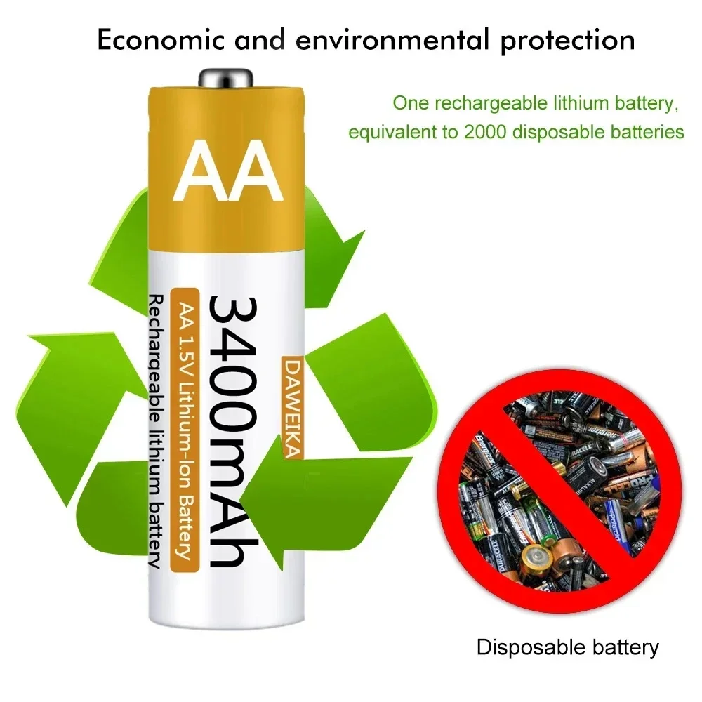 AA Battery 1.5V Li-ion AA Rechargeable Battery 3400mAh AA Lithium-ion Battery for remote control mouse small fan Electric toy