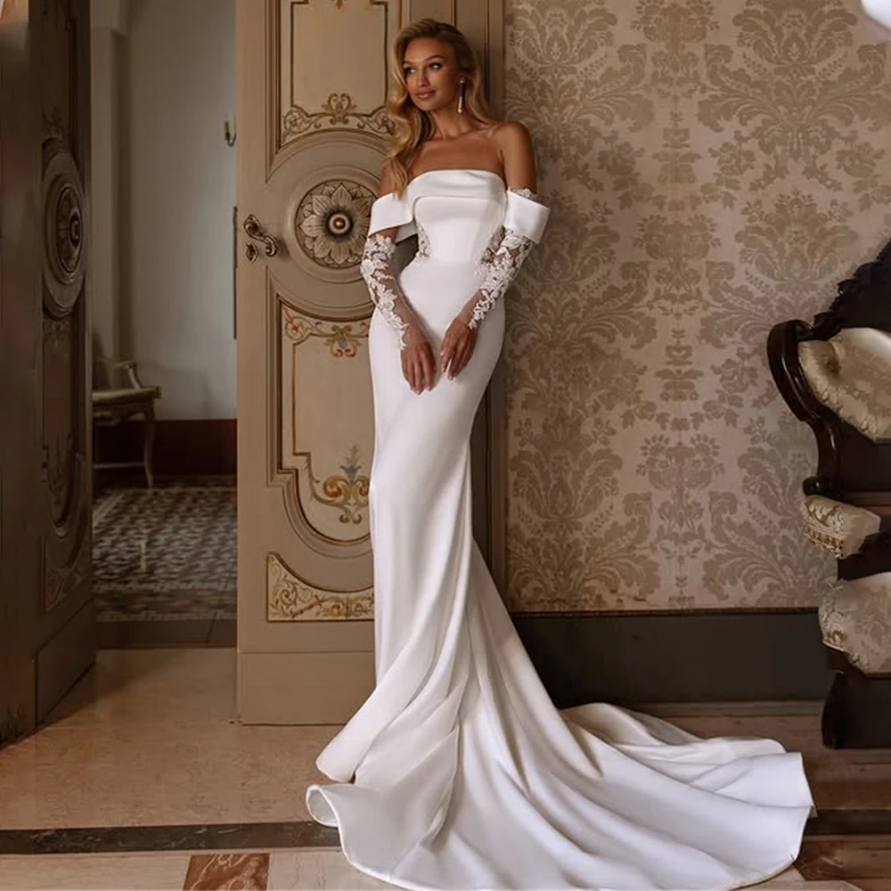 

Elegant Off The Shoulder Straples Sheath/Mermaid Wedding Dresses Long Sleeves Short Tain Custom Made 2026 Rode De Morrie