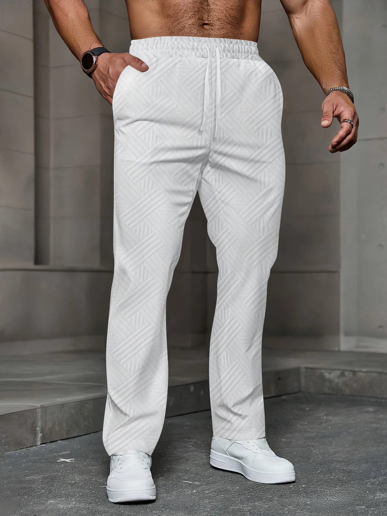 

Minimalist White Jacquard Casual Pants for Men, Elastic Waist Straight Leg Trousers