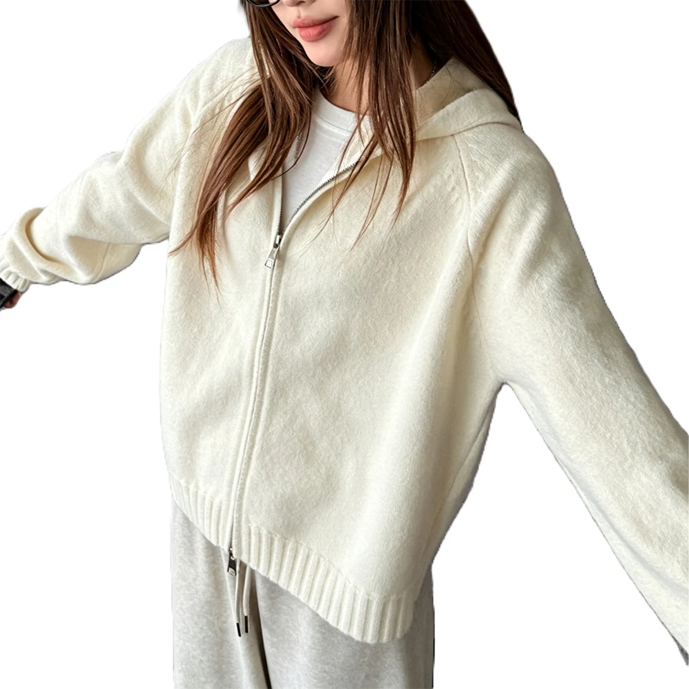 Women's Solid Color Knit Cardigan Coat with Hood Regular Length Loose-Fit Medium-Stretch Outerwear for Vacation Home and Travel