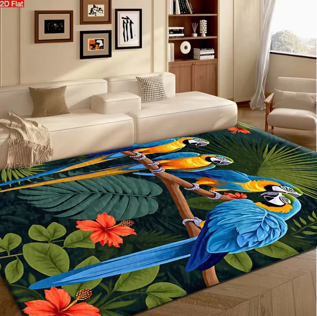 Tropical Blue-Gold Macaw Parrot Carpet Flooring, Jungle Rainforest Floral Leaf Non-Slip Floor Rug for Living Room Bedroom Home Decor