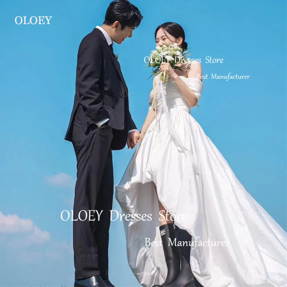 OLOEY Sexy Off Shoulder Taffeta High Low Wedding Dresses Short Front Long Back Korea Photoshoot Corset Back Bridal Gowns