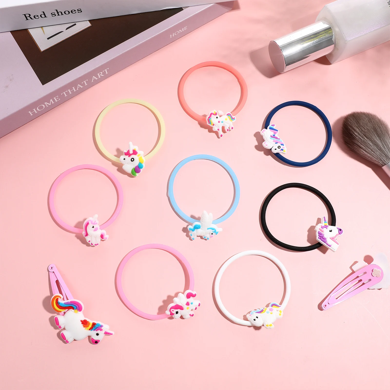 

16pcs Unicorn Hair Clips Pink Headdress Ponytail Holders Girls Decorative Accessories Cartoon Wrist Bracelet Daily