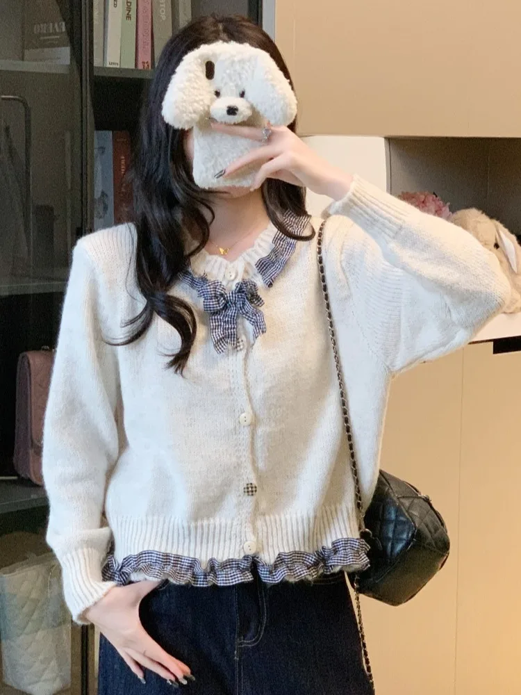 

Korean Sle Loose Knitted Sweater Coat for Women with Plaid Knot Wooden Autumn Winter Anti-Aging Faionable Top