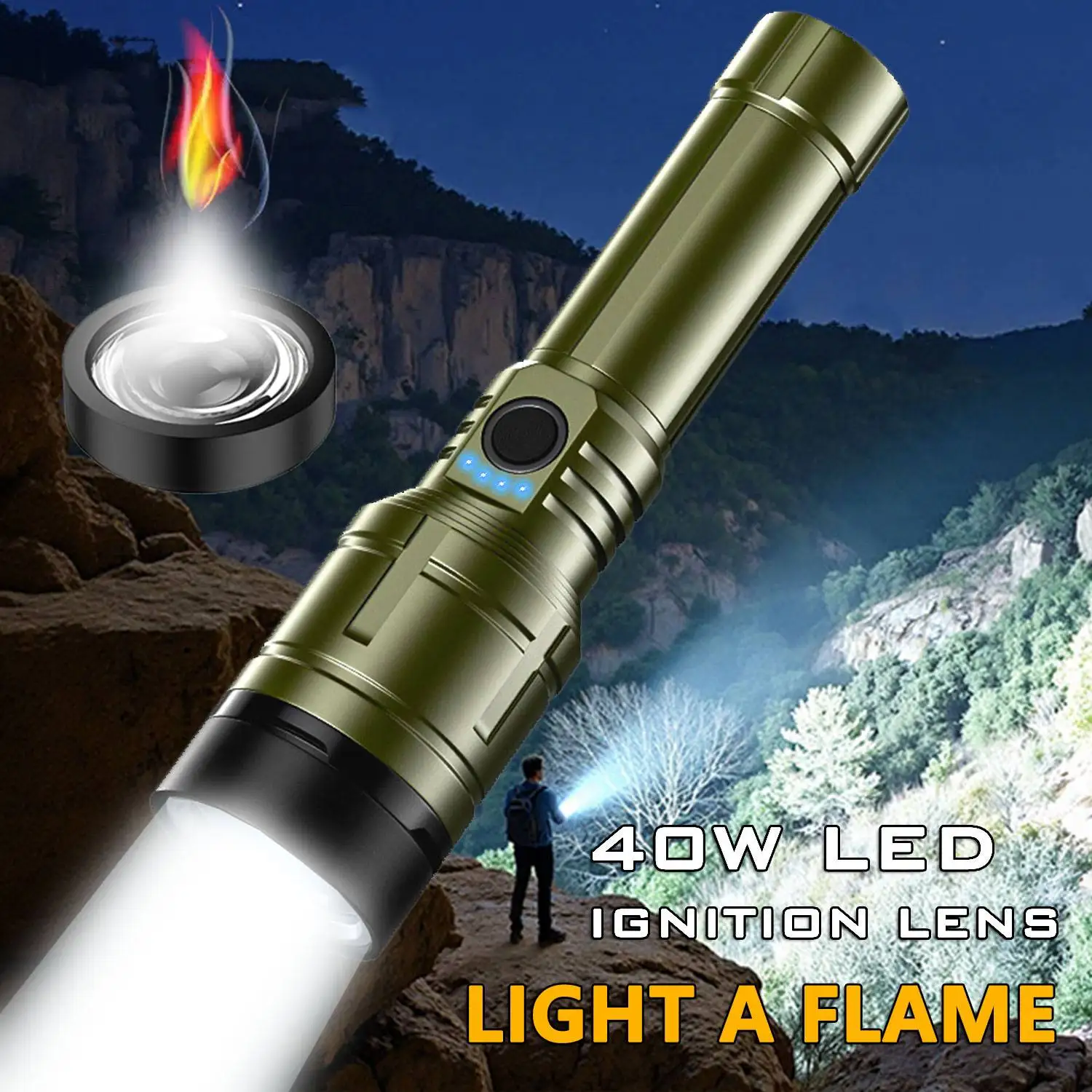 

1500LM Super Bright Flashlight With Power Display 3Light Modes Convex Lens 40W LED Telescopic Zoom Waterproof Lamp26650 Battery