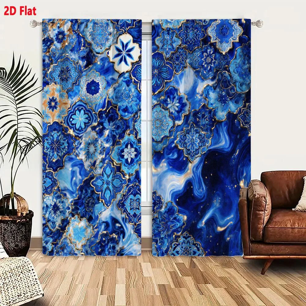 2Pcs Curtains 2D Flat Artistic Pattern With Shades Of Blue Navy Sky Blue Turquoise Intricate Floral Geometric Designs Gold Accen