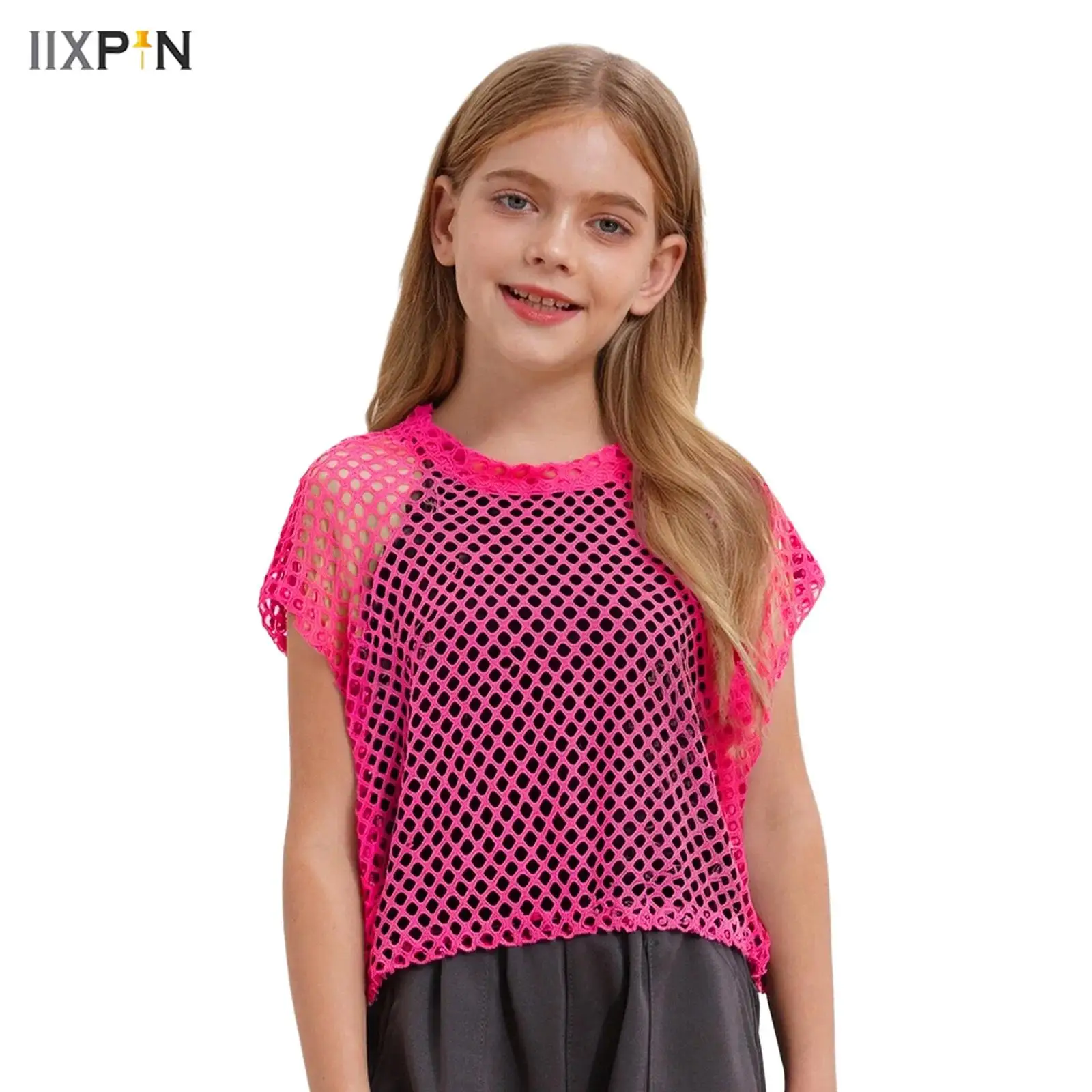 

Kids Girls Hollow Out See-Through Mesh T-Shirt Round Neck Elastic Drawstring Hem Crop Top for Hip-Hop Jazz Street Dance Costume
