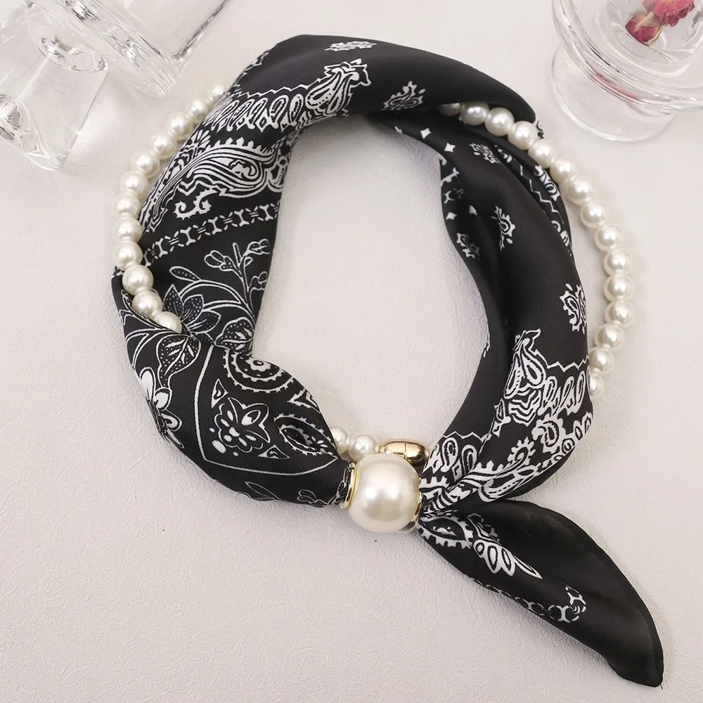 Magnetic Buckle Magnetic Pearl Neck Scarf Detachable Pearl Necklace Satin Neck Scarf Small Pearl Polyester Neckerchief For Women