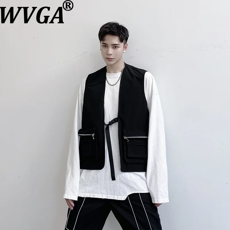 

WVGA Spring Autumn New Man Tide Y2K High Street Functional Zipper Pocket Fashion Vest Niche Chic Casual Collarless Top Ins W8851
