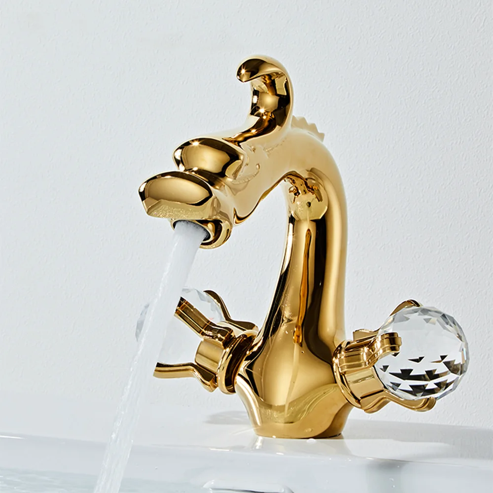 Chinese Dragon Design Basin Faucet Bathroom  Hot And Cold Dual Handles Single Hole Vessel Sink Mixer Tap Bathroom Water Tap