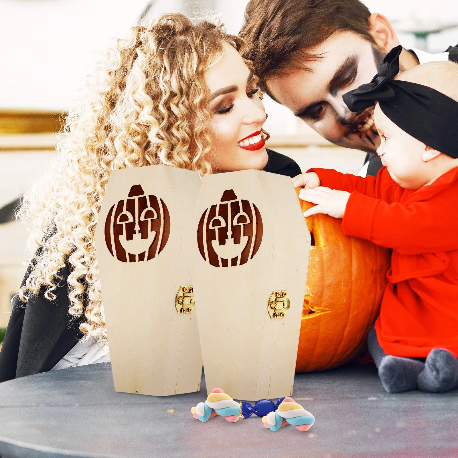 

Halloween Coffin Box Wood Material Durable Lightweight Lock Treat Boxes DecorHaunted House Props Storage Cases Sewing