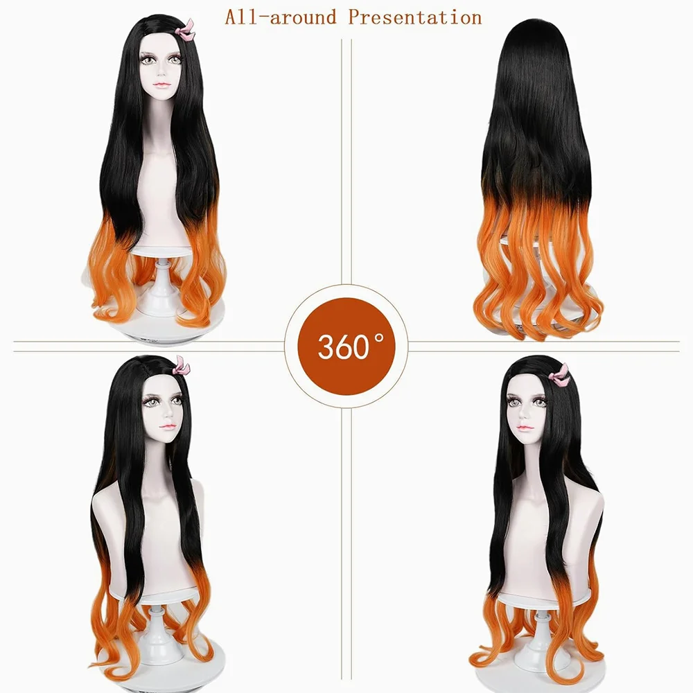 Rambut Komposit Cosplay Anime Demon Slayer Kamado Nezuko Berkualitas Tinggi 32-Inci Rambut Keriting Bergelombang Wig Pesta Harian Natal Halloween