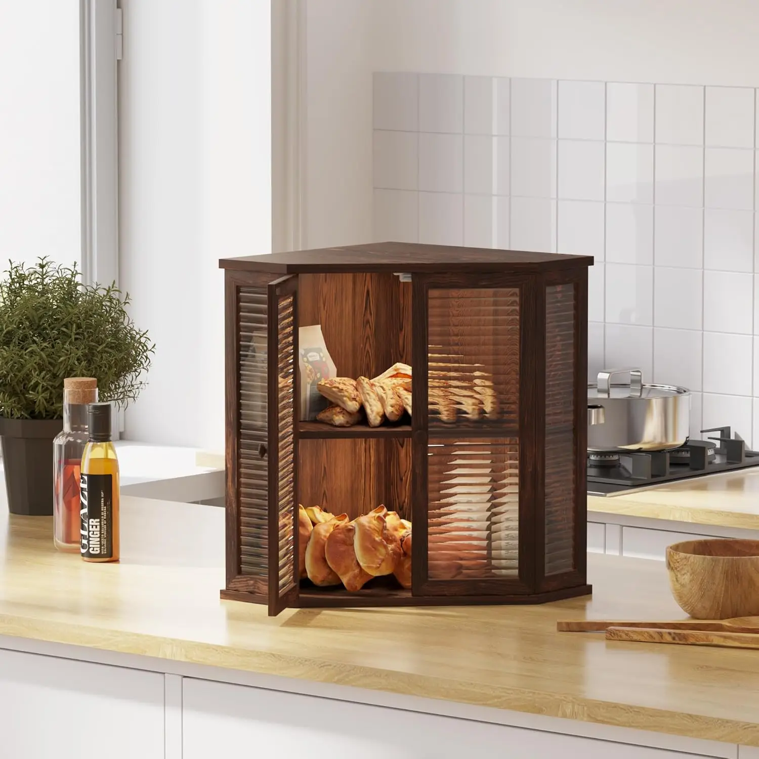 Kotak Roti Sudut untuk Meja Dapur - Kayu Pinus dengan Pintu Kaca, Menampung 3-4 Roti, Menghemat Ruang
