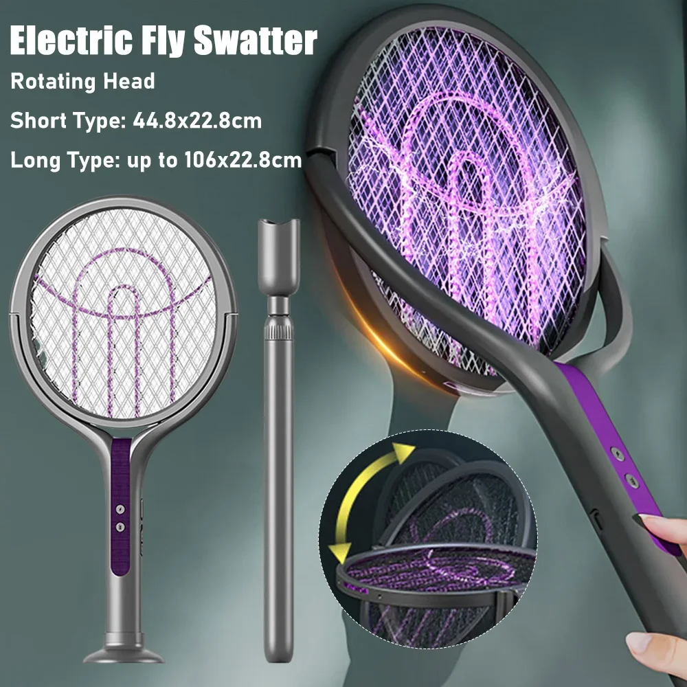 Telescopic Rotatable Electric Mosquito Swatter Wide Head USB Rechargeable Bug Zapper With Trap Lamp Indoor Outdoor Household Use