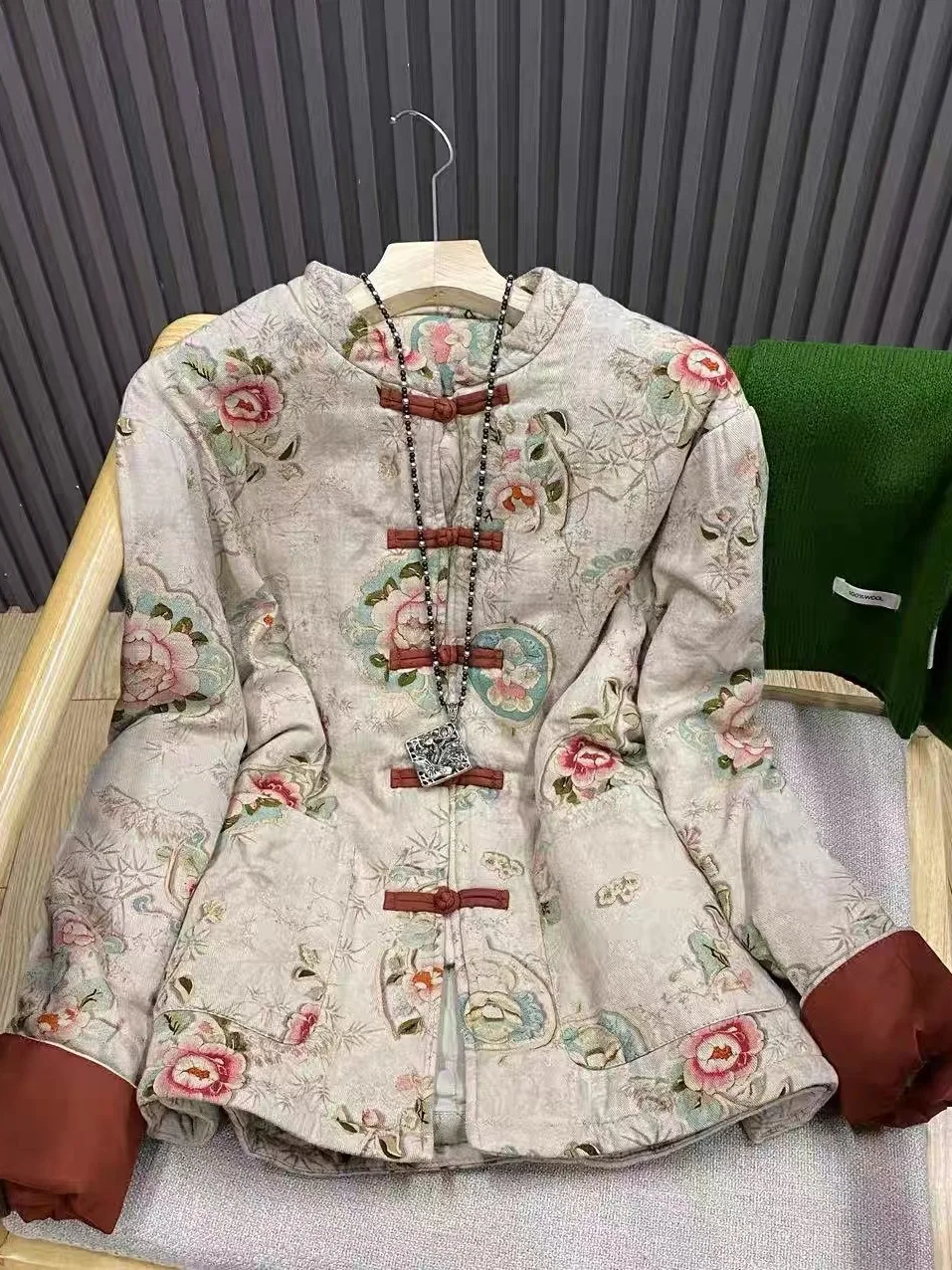 

Retro Chinese Sle Printed Stand Collar Button Cotton Jaet Women's Autumn Versatile Thiened Long Sve Floral Coat